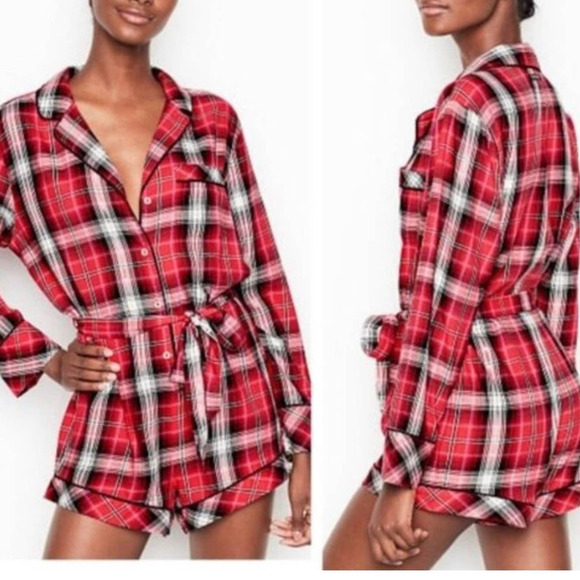 Victoria’s Secret Women's Size Small Red Plaid Sleep Belted Romper - Picture 2 of 6